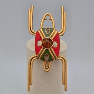 Handmade Beetle Scarab Insect Gold Enamel Amber Statement Brooch